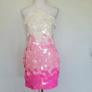 LIYOKKI Paillette Sequined Halter Mini Dress in White Hot Pink Ombre Sz Small